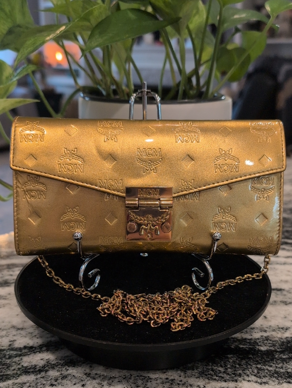 MCM RARE Metallic Gold Patent Leather Logo Crossbody Clutch - COA